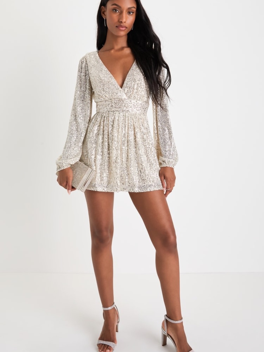 Lulu's Silver Sequin Wrap Long-Sleeve Romper